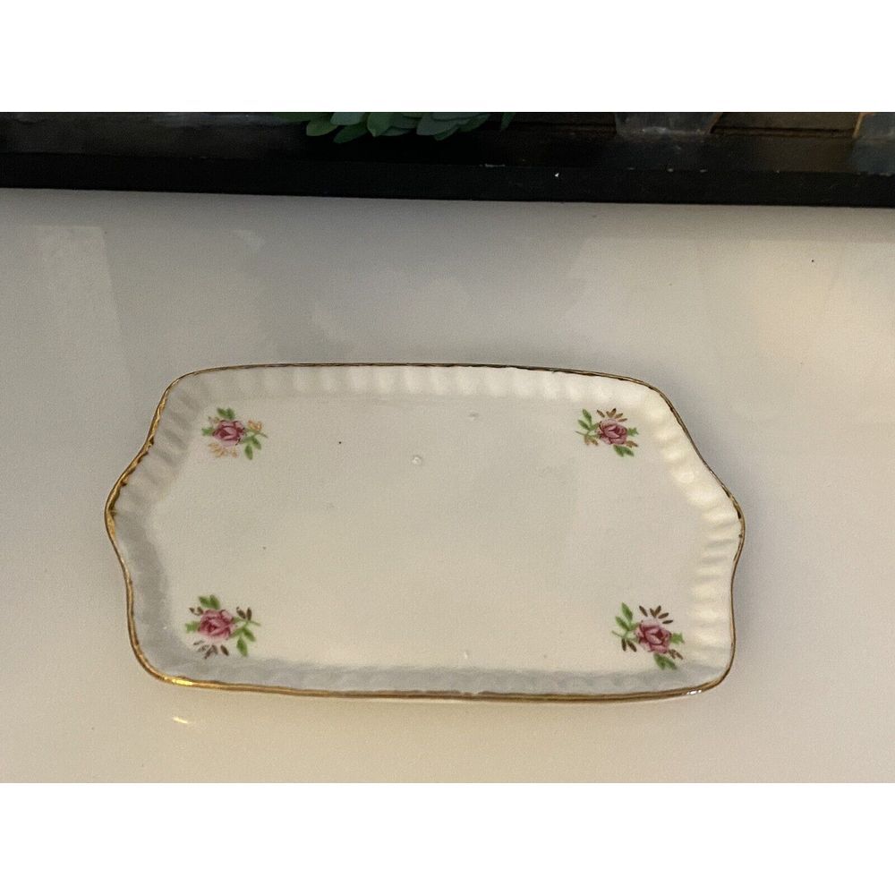 Vintage Small Trinket Dish Or‎ Business Card Plate Hand Painted Flowers Bells